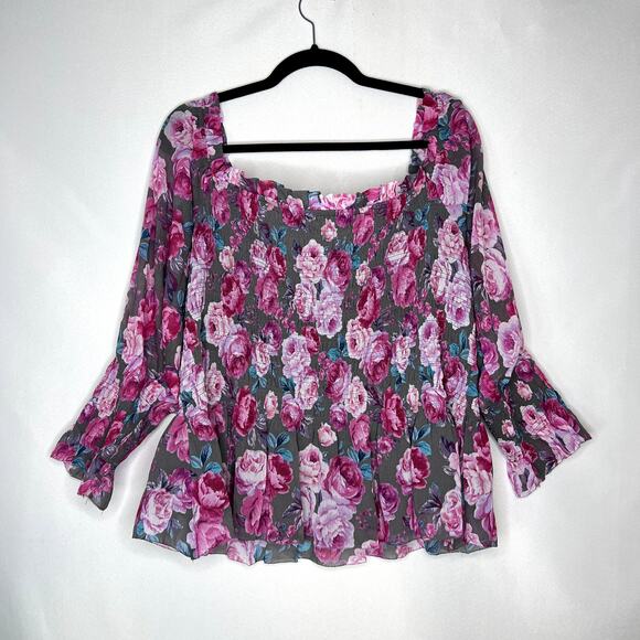 NWT Torrid Crinkle Chiffon Smocked Waist Off-Shoulder Top Floral Pink Plus 4X - Picture 1 of 14